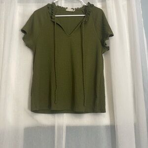 Everleigh olive green blouse Ruffle Tie Neck Size M PTP 19” length 25”